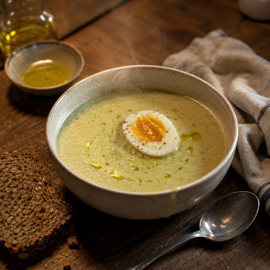 Bol de crema de calabacín de color verde claro con medio huevo cocido encima.