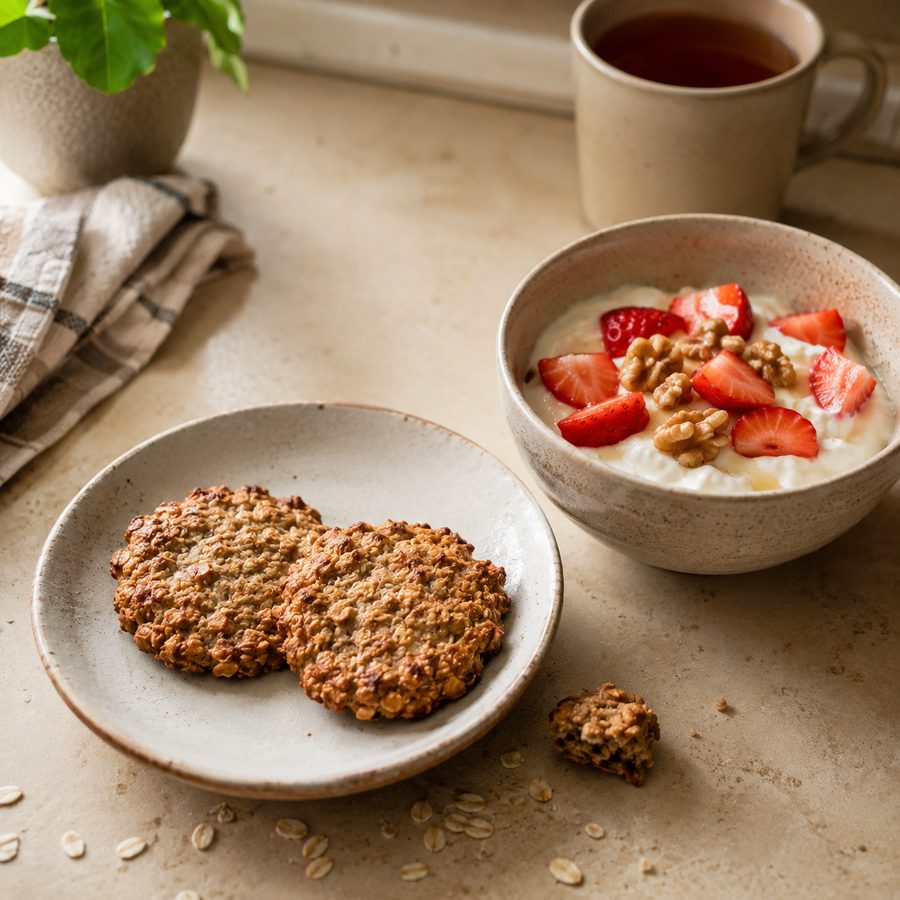 Galletas caseras de avena en un plato, junto a un bol de yogur con fresas.