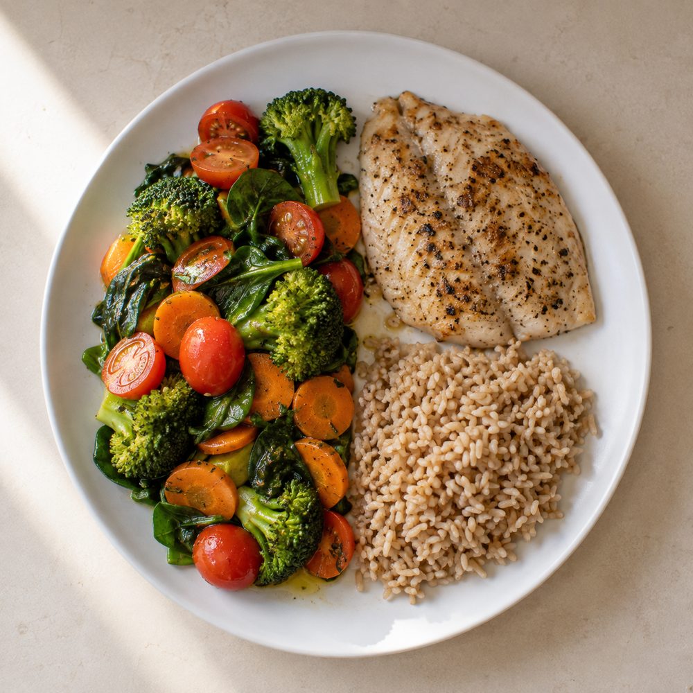 Plato blanco visto desde arriba, dividido en verduras salteadas, pescado a la plancha y arroz integral.
