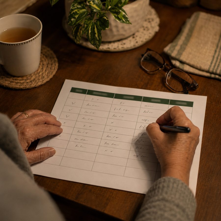 Manos escribiendo sobre una hoja de seguimiento impresa, con una taza de té al lado.